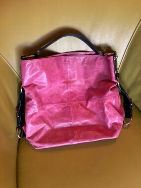 Tano Pink Leather Shoulder Bag | Slouchy Hobo Tote | Black Leather Trim